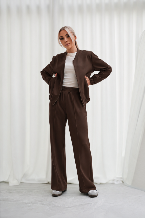 Luksusowy Komplet Damski Masełko Bluza Rozpinana + Spodnie Wide Leg Premium Soft Touch Elegancja & Komfort-brązowy